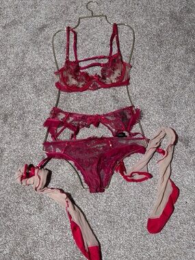 Honey Birdette RedLace Bra, Garter Belt & Brief Set